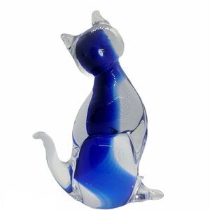 Vintage Art Glass Cat Figurine Paperweight Cobalt Blue, 5.5" Tall